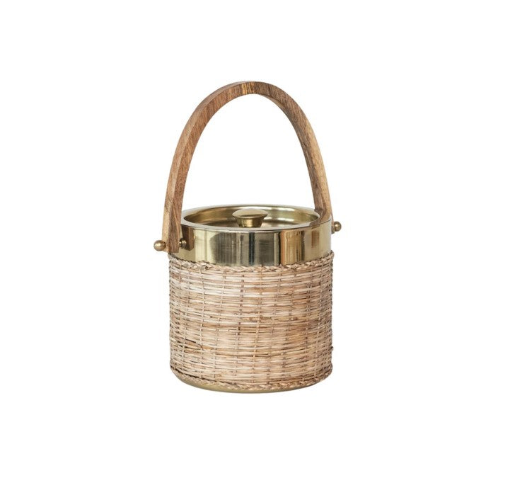 Cool Woven Rattan Ice Bucket w/ Mango Wood Handle