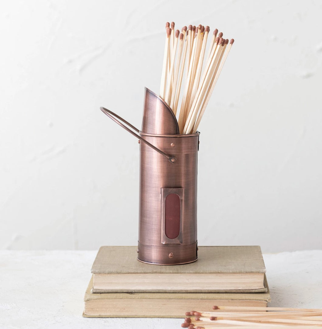 Antique Copper Matchstick Holder w Matches