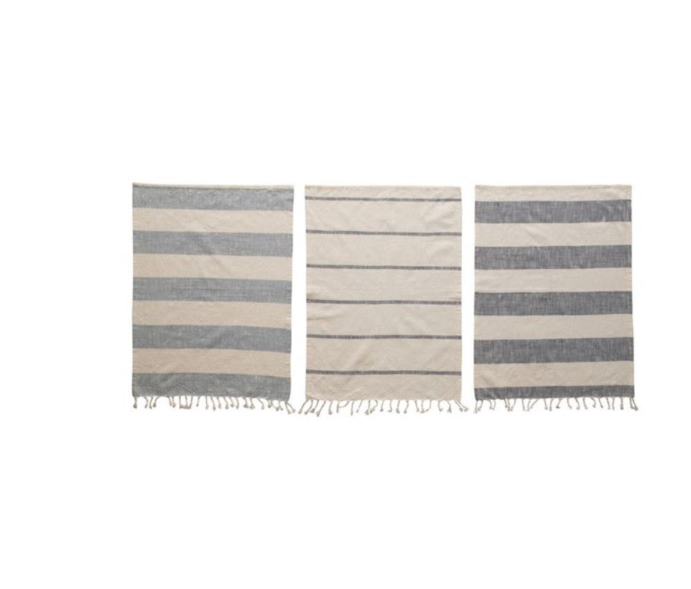 Cotton Tea Towels w/ Stripes & Tassels, Blue & White