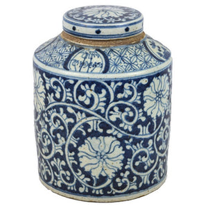 Porcelain Blue White Med Cylinder Tea Jar w/Leaves