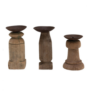 Hand-Carved Wooden Candleholder with Metal Plate, Set of  3